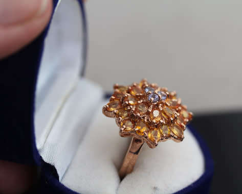 SPECTACULAR BRIGHT GEMSTONE CLUSTER REAL YELLOW SAPPHIRE, CITRINE & TANZANITE STERLING SILVER RING