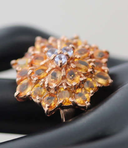 SPECTACULAR BRIGHT GEMSTONE CLUSTER REAL YELLOW SAPPHIRE, CITRINE & TANZANITE STERLING SILVER RING