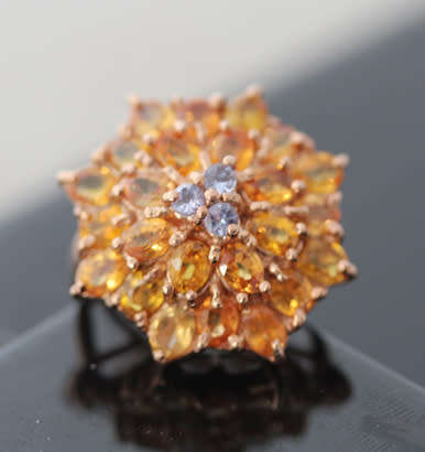 SPECTACULAR BRIGHT GEMSTONE CLUSTER REAL YELLOW SAPPHIRE, CITRINE & TANZANITE STERLING SILVER RING