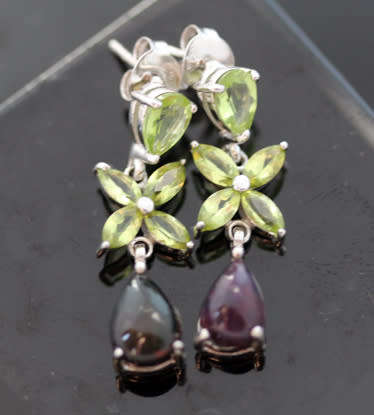GORGEOUS REAL PERIDOT FLORAL EARRINGS WITH PEAR-CUT BLACK OPAL DROPS IN STERLING SILVER.