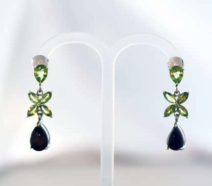 GORGEOUS REAL PERIDOT FLORAL EARRINGS WITH PEAR-CUT BLACK OPAL DROPS IN STERLING SILVER.