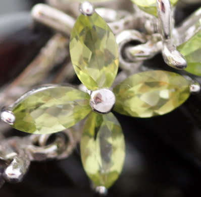 GORGEOUS REAL PERIDOT FLORAL EARRINGS WITH PEAR-CUT BLACK OPAL DROPS IN STERLING SILVER.
