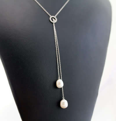 DELICATE LONG Y DESIGN NATURAL PEARL AND CUBIC ZIRCONIA STERLING SILVER PENDANT NECKLACE. 925.