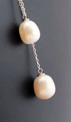 DELICATE LONG Y DESIGN NATURAL PEARL AND CUBIC ZIRCONIA STERLING SILVER PENDANT NECKLACE. 925.