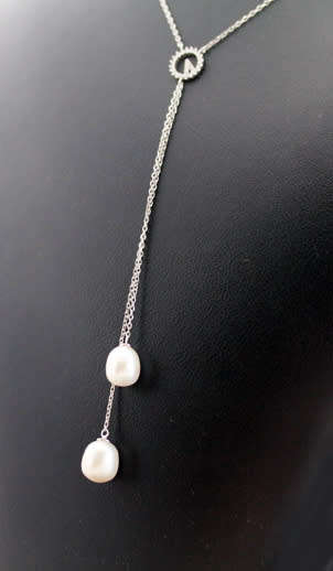 DELICATE LONG Y DESIGN NATURAL PEARL AND CUBIC ZIRCONIA STERLING SILVER PENDANT NECKLACE. 925.