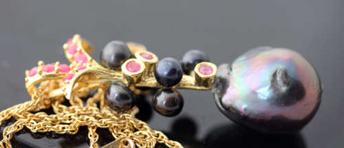BLACK TAHITIAN BAROQUE PEARL AND NATURAL RUBY GOLD-HUED STERLING SILVER PENDANT ROPE CHAIN
