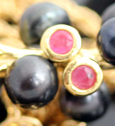 BLACK TAHITIAN BAROQUE PEARL AND NATURAL RUBY GOLD-HUED STERLING SILVER PENDANT ROPE CHAIN