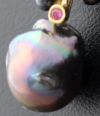 BLACK TAHITIAN BAROQUE PEARL AND NATURAL RUBY GOLD-HUED STERLING SILVER PENDANT ROPE CHAIN