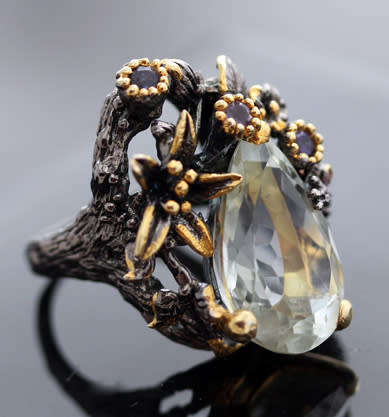 DRAMATIC HANDCRAFTED LARGE GREEN AMETHYST & GARNET STERLING SILVER RING. JEWELLERY ART! HEAVY!