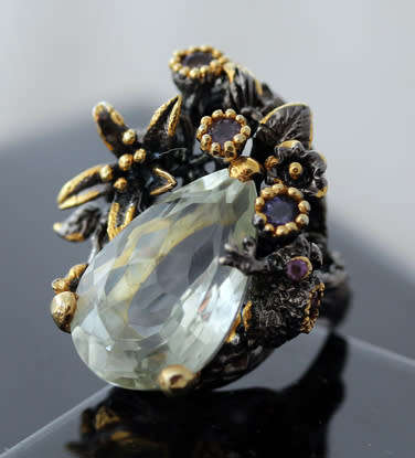 DRAMATIC HANDCRAFTED LARGE GREEN AMETHYST & GARNET STERLING SILVER RING. JEWELLERY ART! HEAVY!