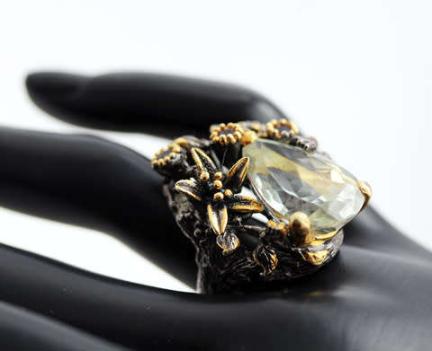 DRAMATIC HANDCRAFTED LARGE GREEN AMETHYST & GARNET STERLING SILVER RING. JEWELLERY ART! HEAVY!