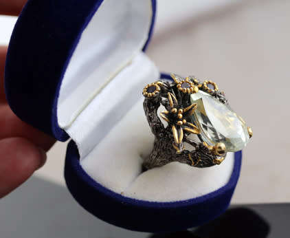 DRAMATIC HANDCRAFTED LARGE GREEN AMETHYST & GARNET STERLING SILVER RING. JEWELLERY ART! HEAVY!