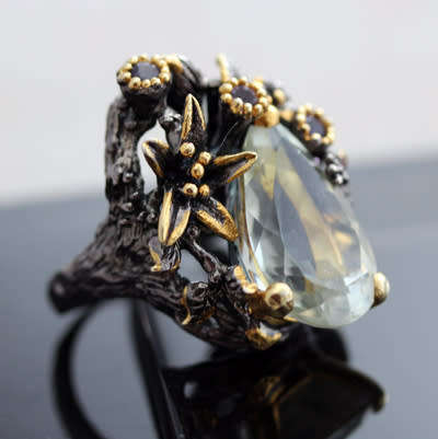 DRAMATIC HANDCRAFTED LARGE GREEN AMETHYST & GARNET STERLING SILVER RING. JEWELLERY ART! HEAVY!