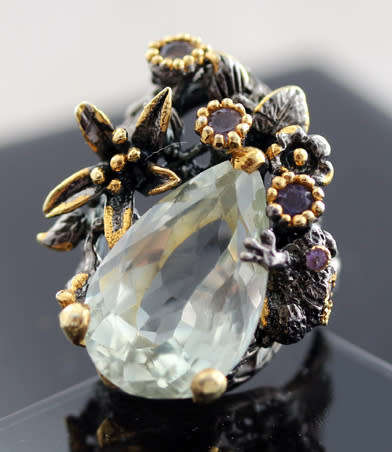DRAMATIC HANDCRAFTED LARGE GREEN AMETHYST & GARNET STERLING SILVER RING. JEWELLERY ART! HEAVY!