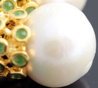 STRIKING CONTEMPORARY RUBY, EMERALD AND BAROQUE PEARL GOLD-HUED STERLING SILVER DANGLY EARRINGS. 925