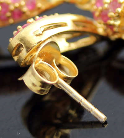 STRIKING CONTEMPORARY RUBY, EMERALD AND BAROQUE PEARL GOLD-HUED STERLING SILVER DANGLY EARRINGS. 925