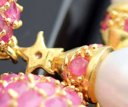 SUMPTUOUS RUBY AND PEARL GOLD-HUED STERLING SILVER DROP & DANGLE EARRINGS. 925