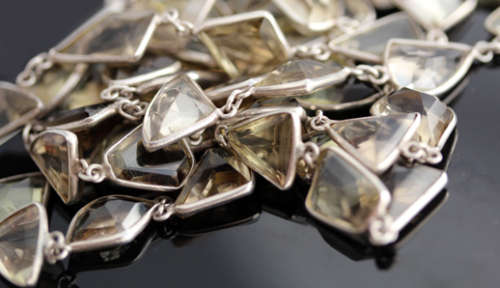 VINTAGE VERY LONG STERLING SILVER NECKLACE LEMON QUARTZ GEMSTONES ORGANIC HANDMADE