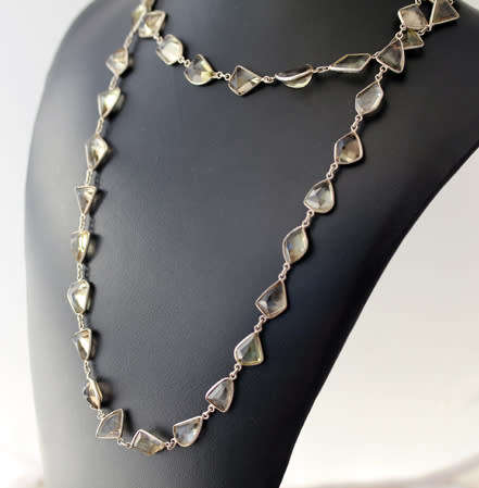 VINTAGE VERY LONG STERLING SILVER NECKLACE LEMON QUARTZ GEMSTONES ORGANIC HANDMADE