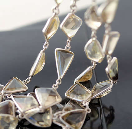 VINTAGE VERY LONG STERLING SILVER NECKLACE LEMON QUARTZ GEMSTONES ORGANIC HANDMADE