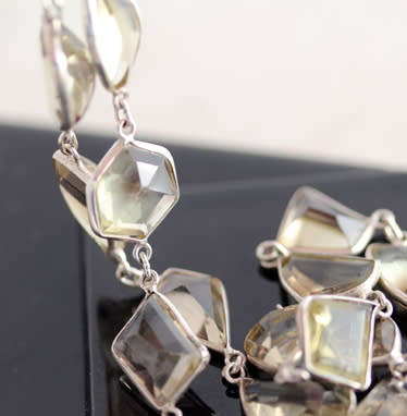 VINTAGE VERY LONG STERLING SILVER NECKLACE LEMON QUARTZ GEMSTONES ORGANIC HANDMADE