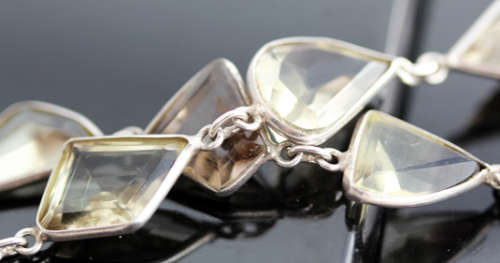 VINTAGE VERY LONG STERLING SILVER NECKLACE LEMON QUARTZ GEMSTONES ORGANIC HANDMADE