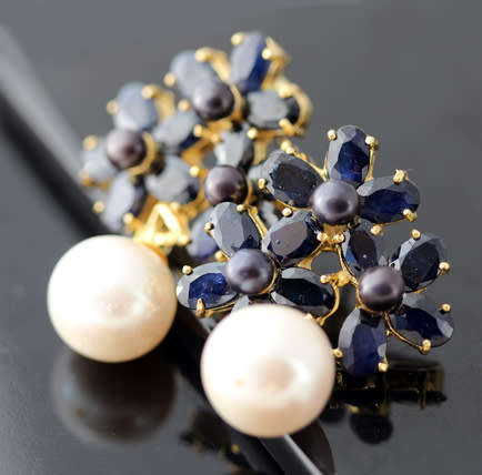 GLAMOROUS LARGE DARK BLUE SAPPHIRE PEARL DROP EARRINGS. STERLING SILVER WITH GOLD HUE FINISH. 925