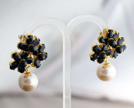 GLAMOROUS LARGE DARK BLUE SAPPHIRE PEARL DROP EARRINGS. STERLING SILVER WITH GOLD HUE FINISH. 925