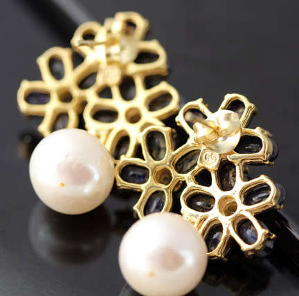 GLAMOROUS LARGE DARK BLUE SAPPHIRE PEARL DROP EARRINGS. STERLING SILVER WITH GOLD HUE FINISH. 925