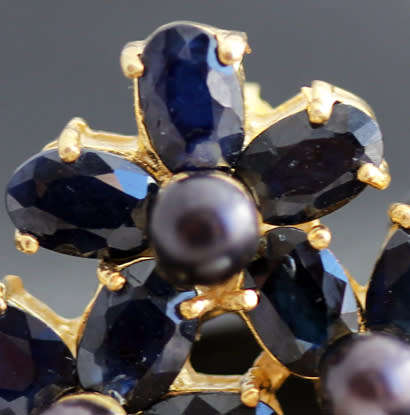 GLAMOROUS LARGE DARK BLUE SAPPHIRE PEARL DROP EARRINGS. STERLING SILVER WITH GOLD HUE FINISH. 925