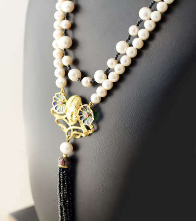 LONG WHIMSICAL FACE PENDANT LARGE DOUBLE STRAND PEARL NECKLACE BLACK SPINEL TASSEL STER SILVER 71 gr