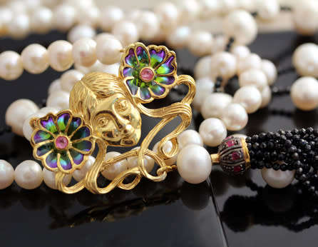 LONG WHIMSICAL FACE PENDANT LARGE DOUBLE STRAND PEARL NECKLACE BLACK SPINEL TASSEL STER SILVER 71 gr