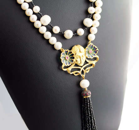 LONG WHIMSICAL FACE PENDANT LARGE DOUBLE STRAND PEARL NECKLACE BLACK SPINEL TASSEL STER SILVER 71 gr