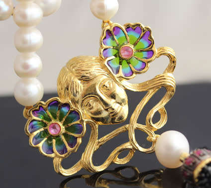 LONG WHIMSICAL FACE PENDANT LARGE DOUBLE STRAND PEARL NECKLACE BLACK SPINEL TASSEL STER SILVER 71 gr