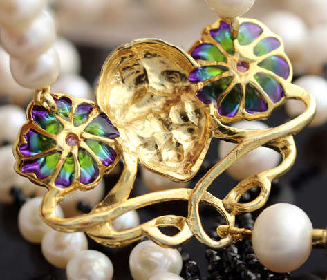 LONG WHIMSICAL FACE PENDANT LARGE DOUBLE STRAND PEARL NECKLACE BLACK SPINEL TASSEL STER SILVER 71 gr