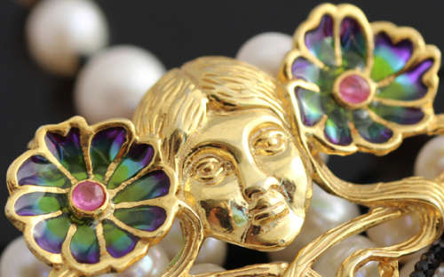 LONG WHIMSICAL FACE PENDANT LARGE DOUBLE STRAND PEARL NECKLACE BLACK SPINEL TASSEL STER SILVER 71 gr