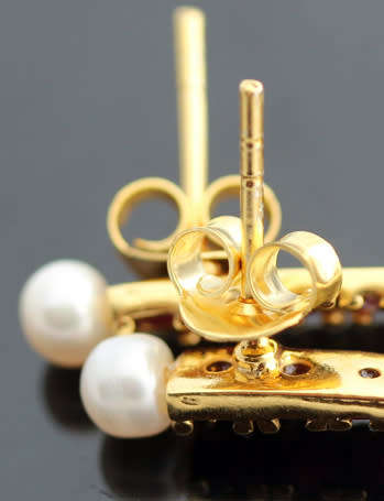 LONG DRAMATIC DROP & DANGLE EARRINGS WITH BAROQUE PEARLS & RUBIES IN GOLD-HUED STERLING SILVER. 925