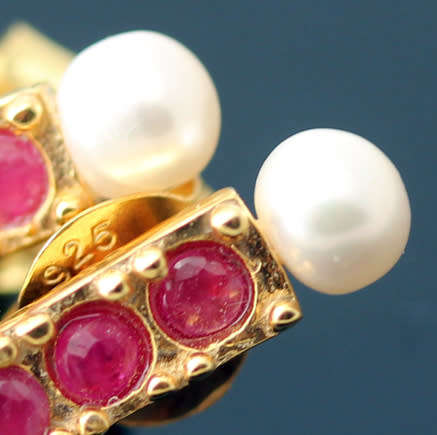 LONG DRAMATIC DROP & DANGLE EARRINGS WITH BAROQUE PEARLS & RUBIES IN GOLD-HUED STERLING SILVER. 925