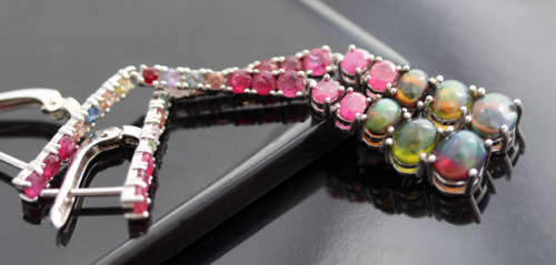 VERY LONG STERLING EARRINGS SET WITH REAL BLACK OPALS, RUBIES AND NATURAL SAPPHIRES - 70mm LONG!