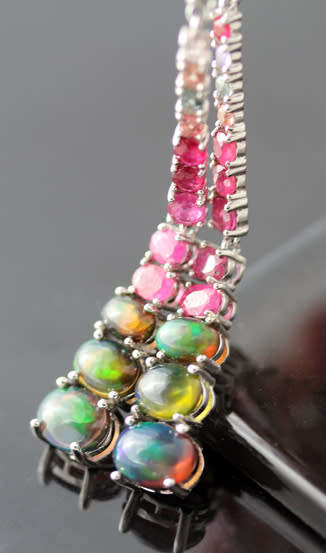 VERY LONG STERLING EARRINGS SET WITH REAL BLACK OPALS, RUBIES AND NATURAL SAPPHIRES - 70mm LONG!
