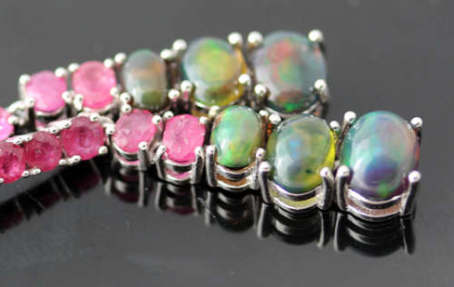 VERY LONG STERLING EARRINGS SET WITH REAL BLACK OPALS, RUBIES AND NATURAL SAPPHIRES - 70mm LONG!