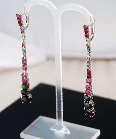 VERY LONG STERLING EARRINGS SET WITH REAL BLACK OPALS, RUBIES AND NATURAL SAPPHIRES - 70mm LONG!