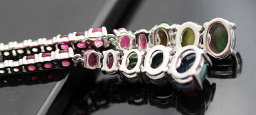 VERY LONG STERLING EARRINGS SET WITH REAL BLACK OPALS, RUBIES AND NATURAL SAPPHIRES - 70mm LONG!