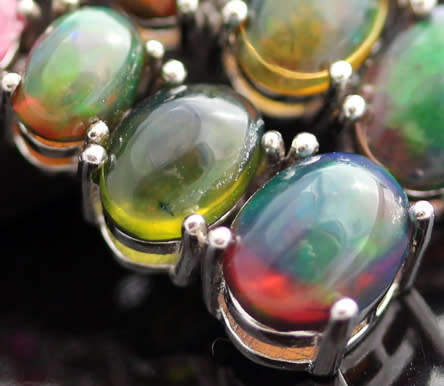 VERY LONG STERLING EARRINGS SET WITH REAL BLACK OPALS, RUBIES AND NATURAL SAPPHIRES - 70mm LONG!