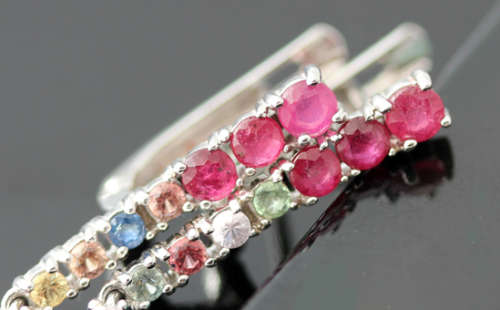 VERY LONG STERLING EARRINGS SET WITH REAL BLACK OPALS, RUBIES AND NATURAL SAPPHIRES - 70mm LONG!