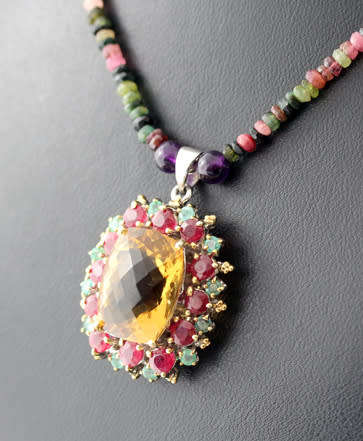 CITRINE, RUBY AND EMERALD PENDANT. RICH COLOURS! HEAVY STERLING SILVER AND TOURMALINE NECKLACE