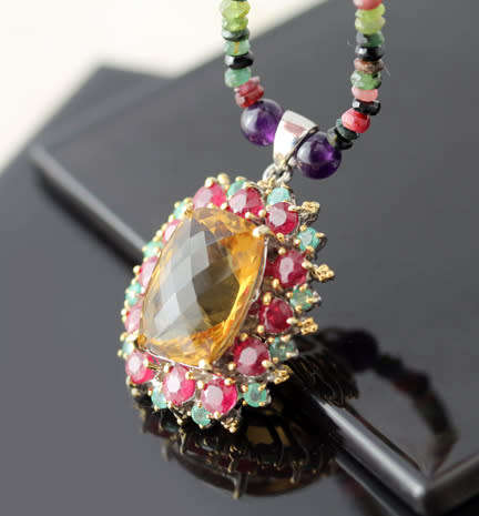 CITRINE, RUBY AND EMERALD PENDANT. RICH COLOURS! HEAVY STERLING SILVER AND TOURMALINE NECKLACE