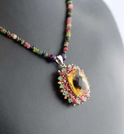 CITRINE, RUBY AND EMERALD PENDANT. RICH COLOURS! HEAVY STERLING SILVER AND TOURMALINE NECKLACE