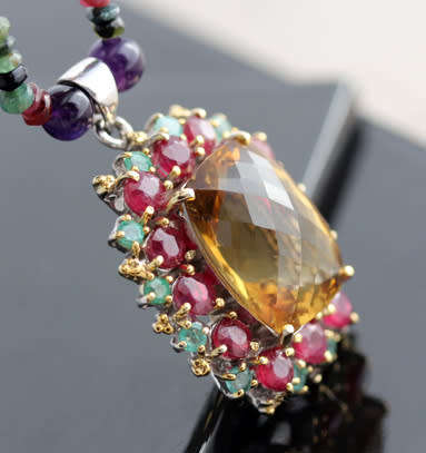 CITRINE, RUBY AND EMERALD PENDANT. RICH COLOURS! HEAVY STERLING SILVER AND TOURMALINE NECKLACE