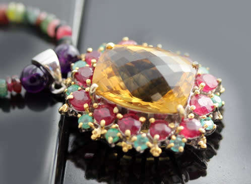 CITRINE, RUBY AND EMERALD PENDANT. RICH COLOURS! HEAVY STERLING SILVER AND TOURMALINE NECKLACE